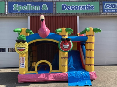 Springkussen Jumpy Happy Flamingo met glijbaan